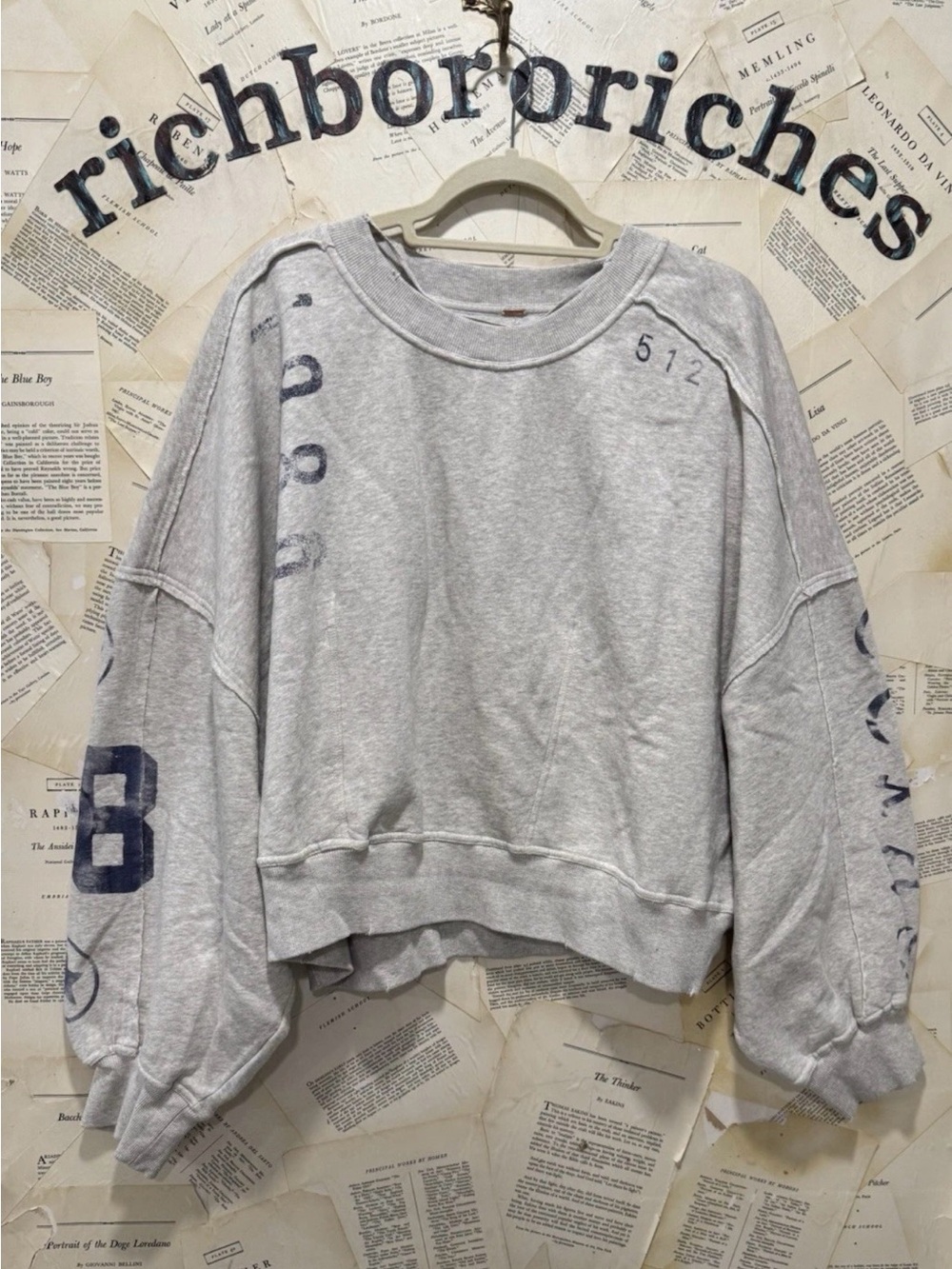 Free People Gaia Sweatshirt Oversized Rib Trim Drop Sleeve Graphic Numbers Grey - Picture 4 of 5